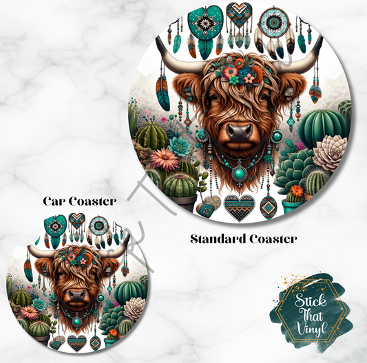 Boho Cow Coaster Sublimation Transfer