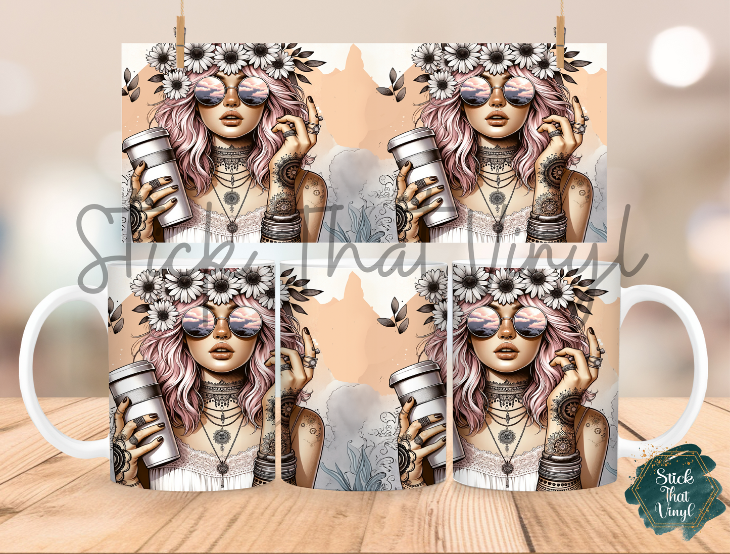 Boho Coffee Girl Mug Sublimation Wrap