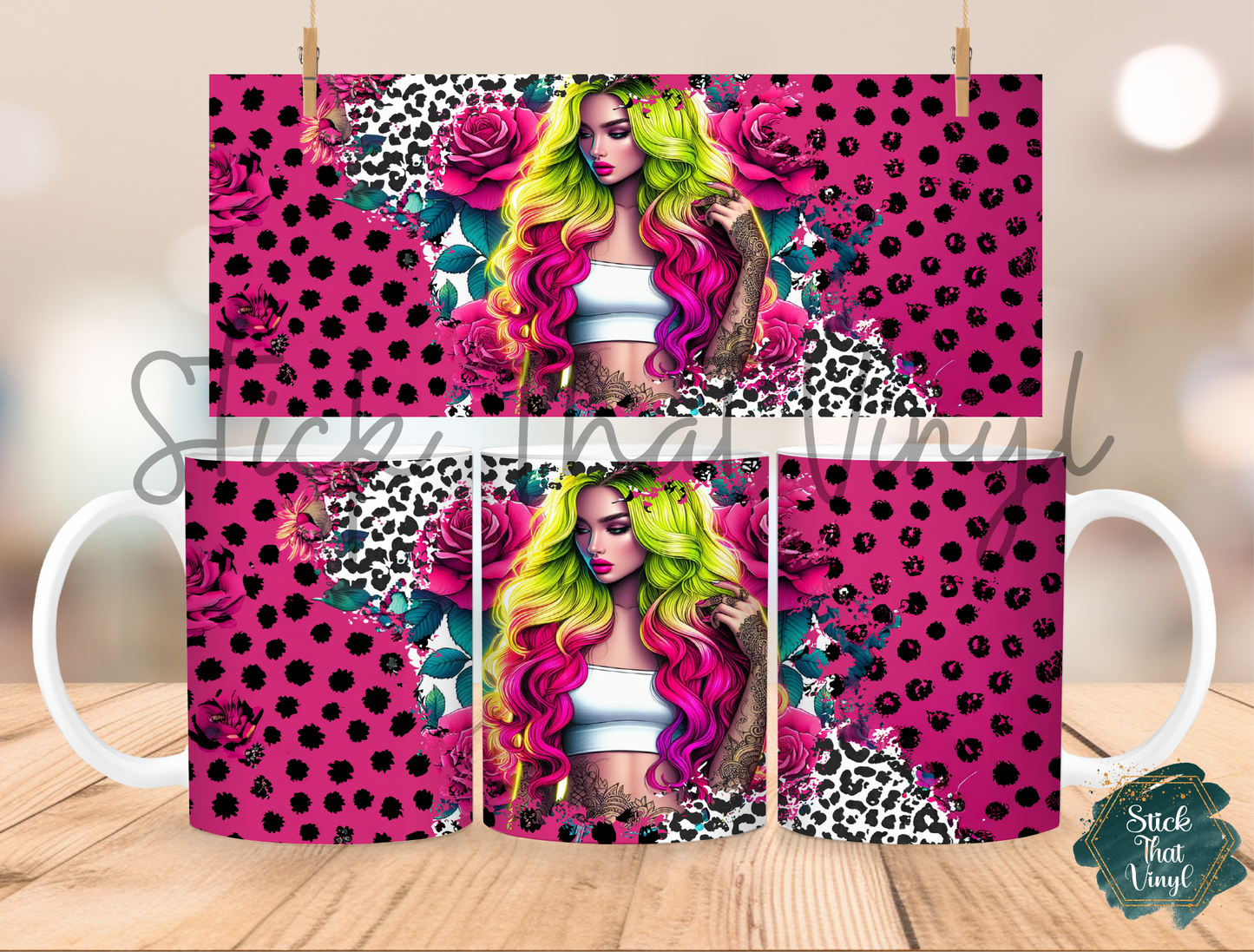 Pink Leopard Girl Mug Sublimation Wrap