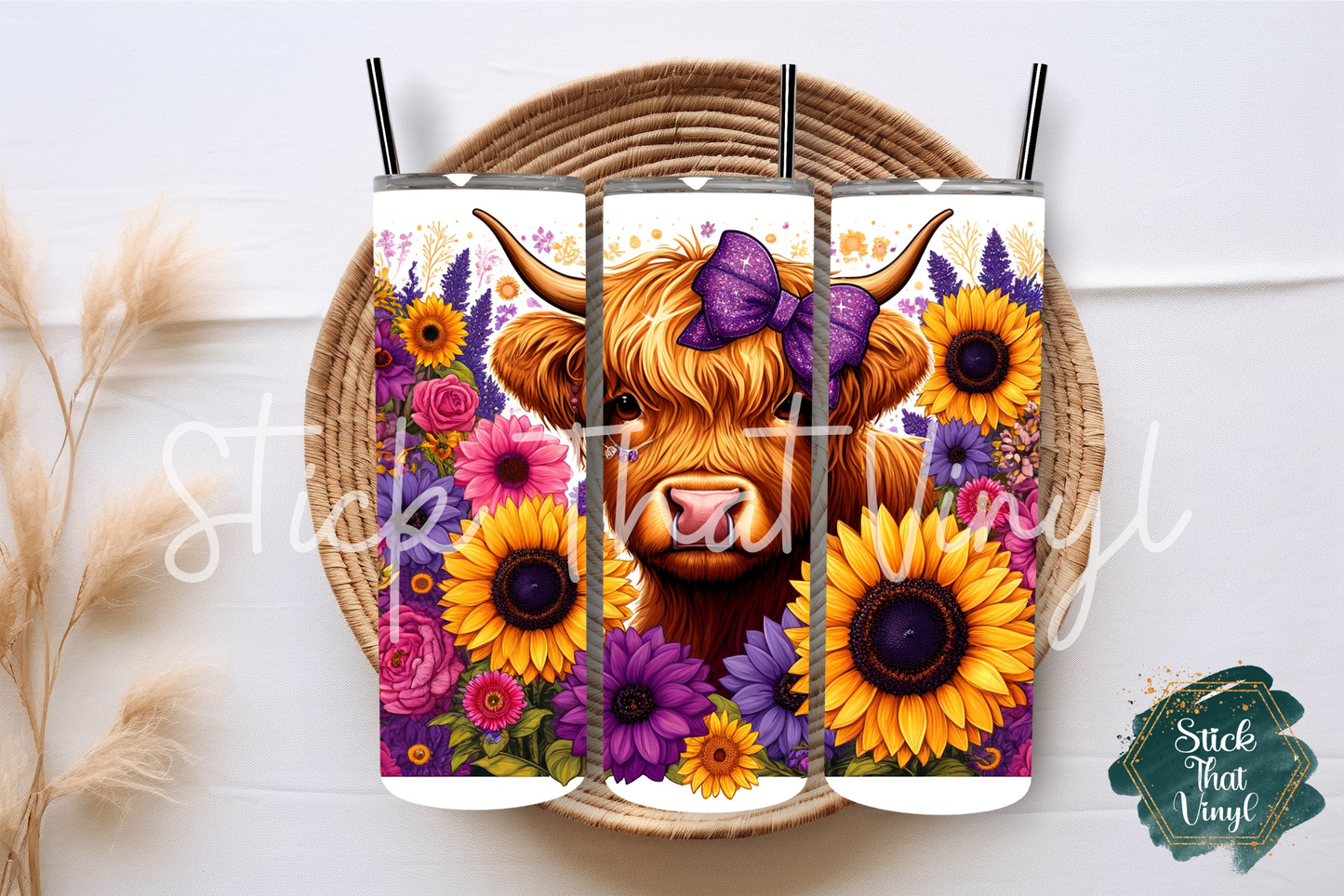 Highland Cow Floral Boho 20oz Tumbler Sublimation Wrap