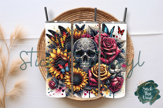 Dark Floral Skull 20oz Tumbler Sublimation Wrap