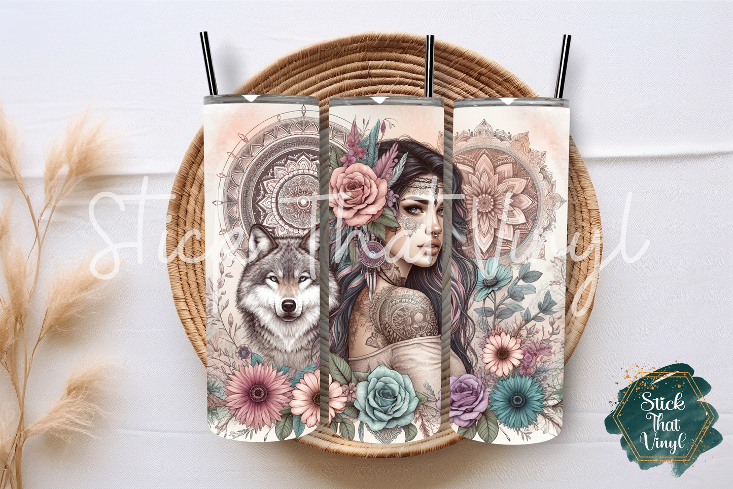 Boho Tribal Wolf Girl 20oz Tumbler Sublimation Wrap