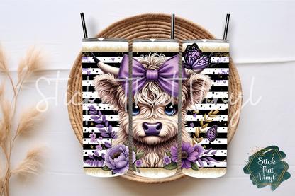 Purple Stripped Highland Cow 20oz Tumbler Sublimation Wrap