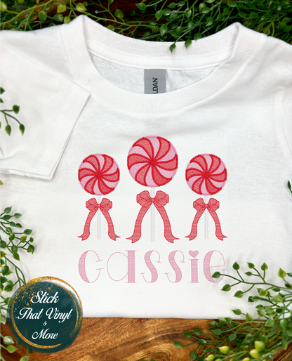 Personalised Girl's Christmas Peppermint Lollipop Embroidery Shirt