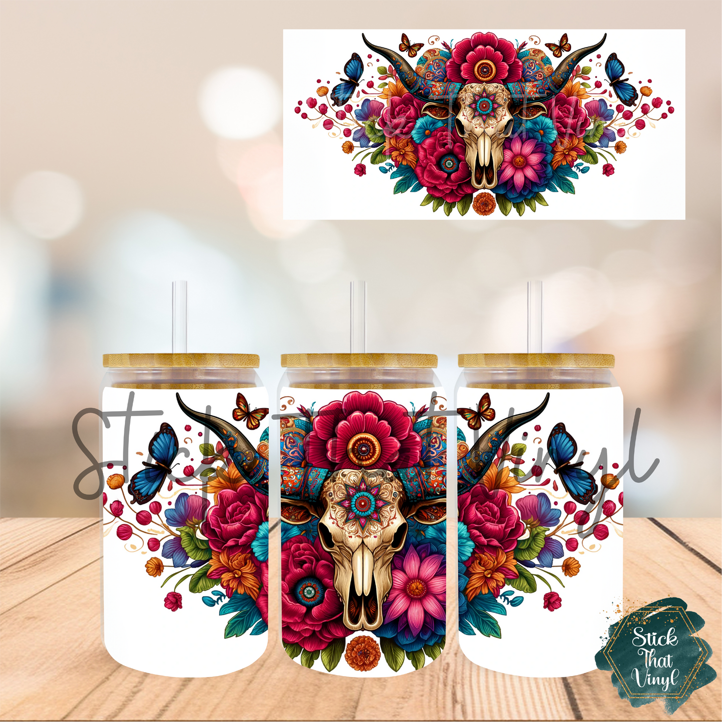 Floral Cow Skull 16oz Tumbler Sublimation Wrap