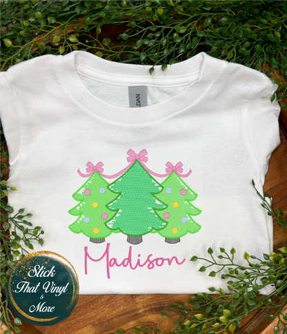 Personalised Girl's Christmas Three Tree Embroidery Shirt