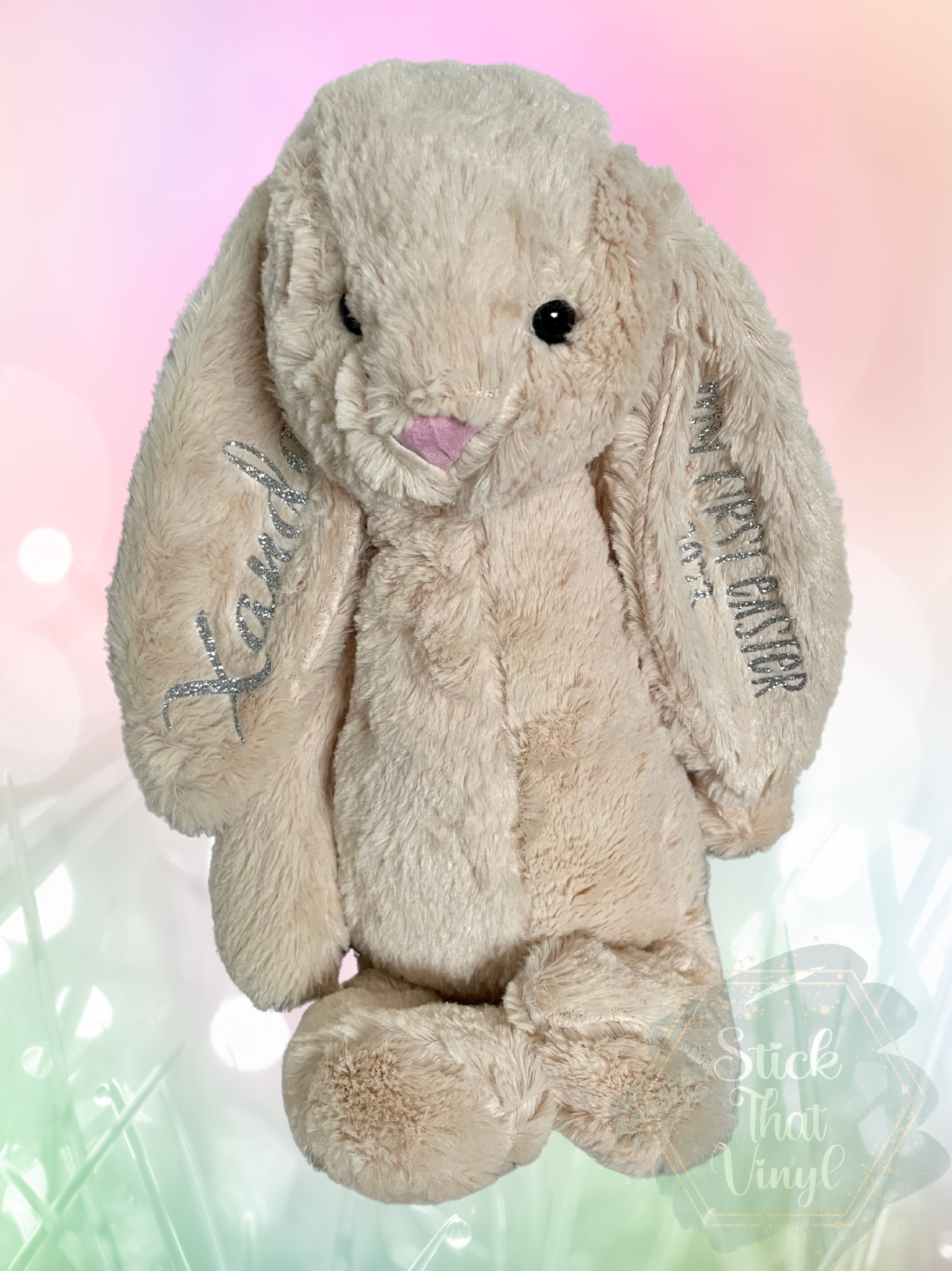 plush easter bunny in pink and beige from stick that vinyl australian vinyl supplier