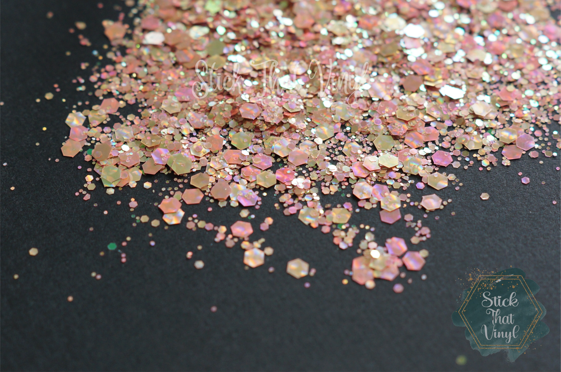 Our Rosẽ All Day glitter is a stunning rose gold in colour with fine to chunky glitter size mixed together. It is holographic with colour changing effect. This is a fine - chunky mix. Stick that vinyl australian vinyl supplier