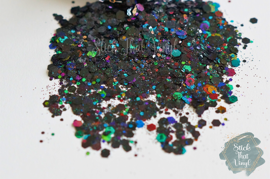 midnight pearl chunky glitter, black with variations of colour for dimension. stick that vinyl australian vinyl supplier