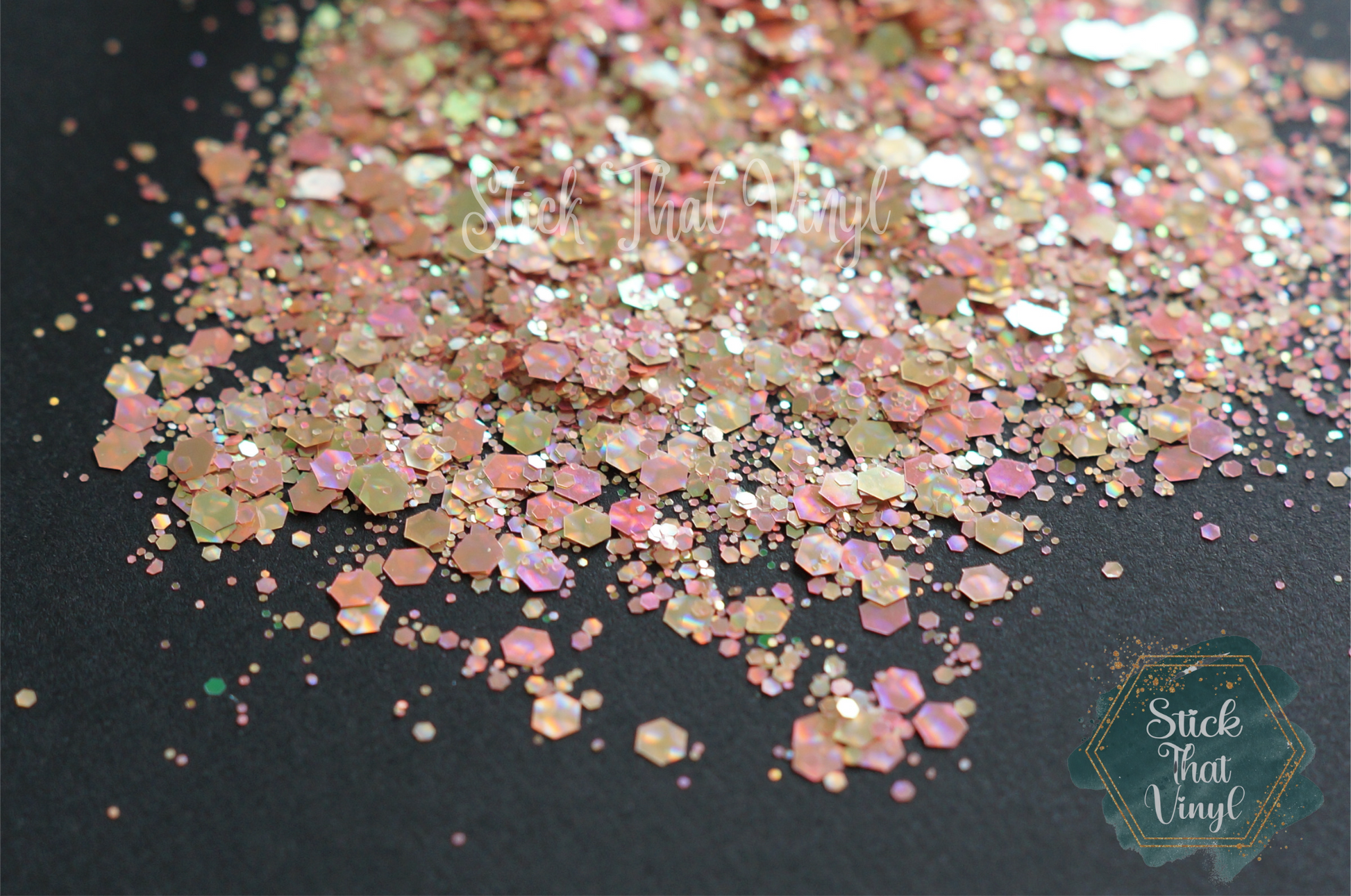 Our Rosẽ All Day glitter is a stunning rose gold in colour with fine to chunky glitter size mixed together. It is holographic with colour changing effect. This is a fine - chunky mix. Stick that vinyl australian vinyl supplier