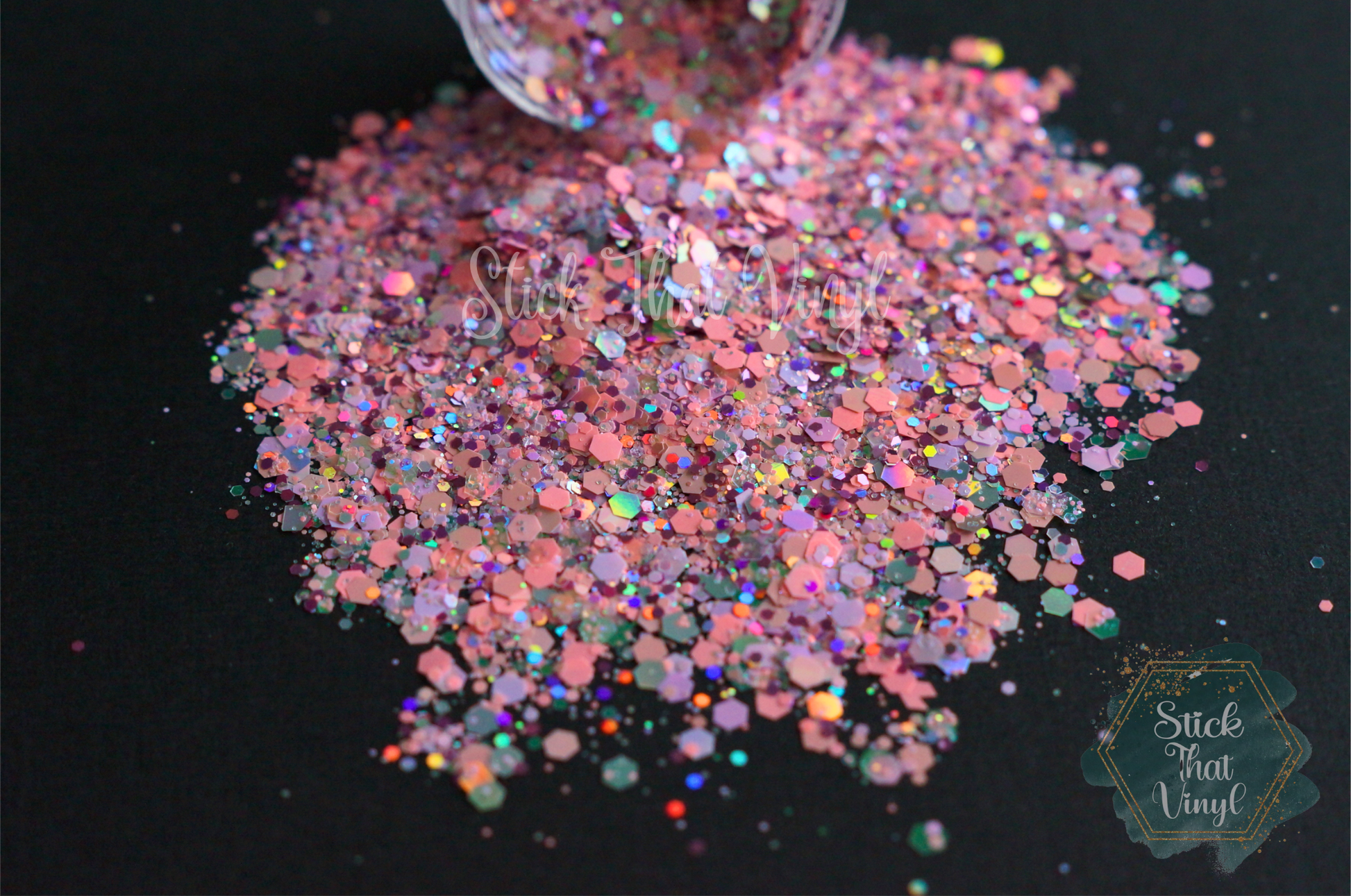 Pink chunky glitter mix with different tones of pink and purple throughout and different sizes for variation and dimension. Stick that vinyl australian vinyl supplier