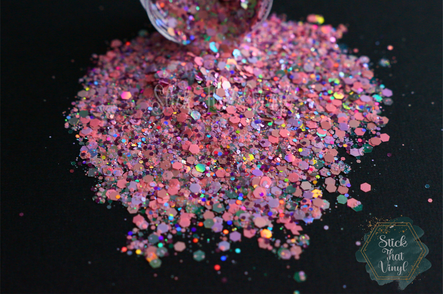 Pink chunky glitter mix with different tones of pink and purple throughout and different sizes for variation and dimension. Stick that vinyl australian vinyl supplier