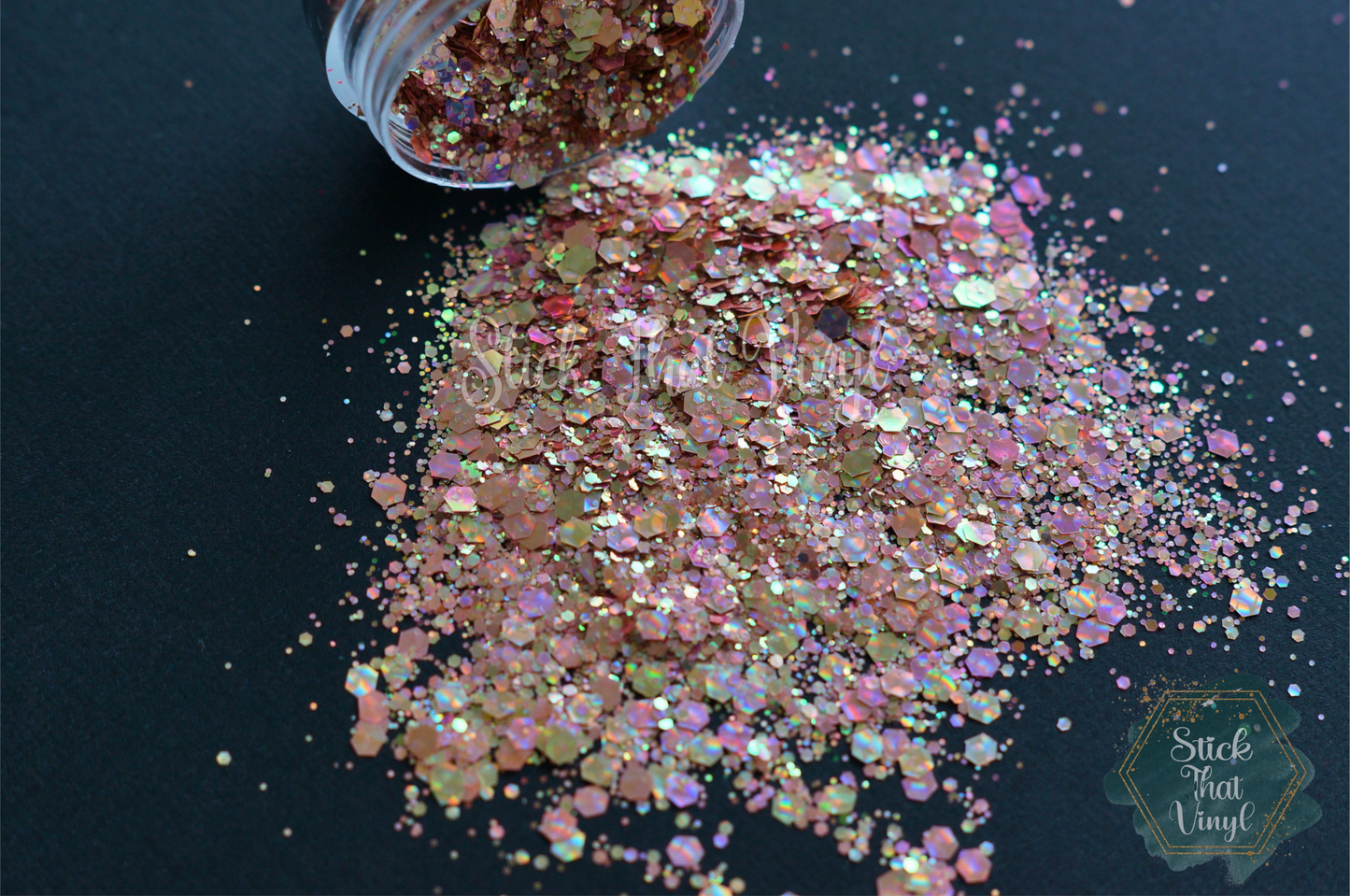 Our Rosẽ All Day glitter is a stunning rose gold in colour with fine to chunky glitter size mixed together. It is holographic with colour changing effect. This is a fine - chunky mix. Stick that vinyl australian vinyl supplier