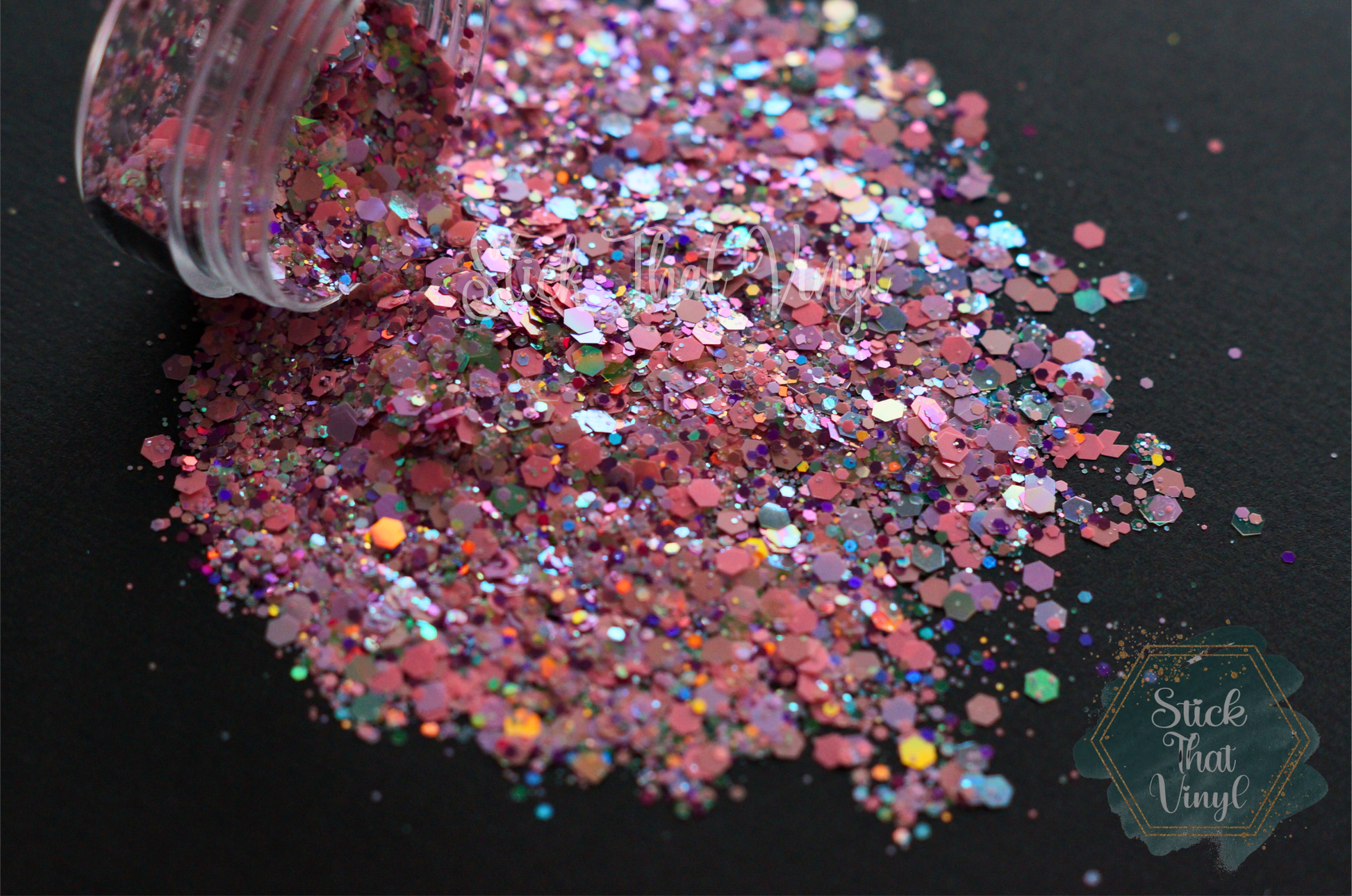 Pink chunky glitter mix with different tones of pink and purple throughout and different sizes for variation and dimension. Stick that vinyl australian vinyl supplier