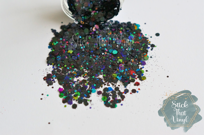 midnight pearl chunky glitter, black with variations of colour for dimension. stick that vinyl australian vinyl supplier