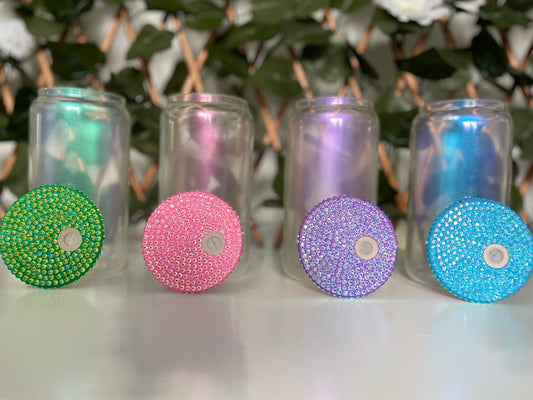 16OZ Rhinestone Chameleon Jar with bamboo lid and clear acrylic straw for sublimation from stick that vinyl australian vinyl supplier green pink purple blue colour options